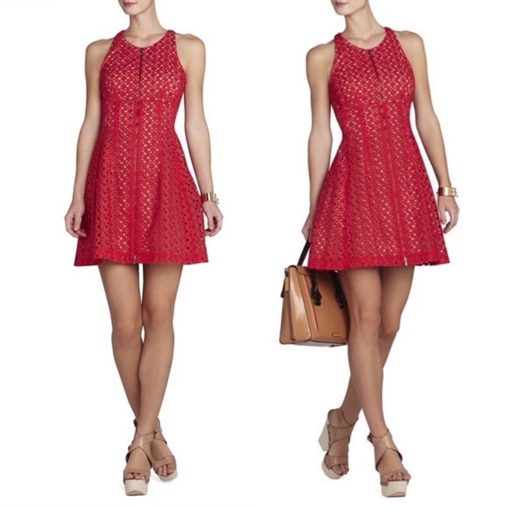 BCBGMaxazria Lipstick Red Giulianna Embroidered Eyelet Front Zipper Dress Size 4